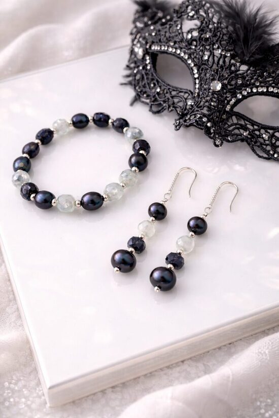 Dabīgo pērļu auskari + rokassprādze "Tumšā elegance"